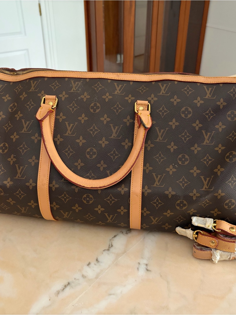 Louis Vuitton Brown Monogram Duffel with Tan Leather Trim
